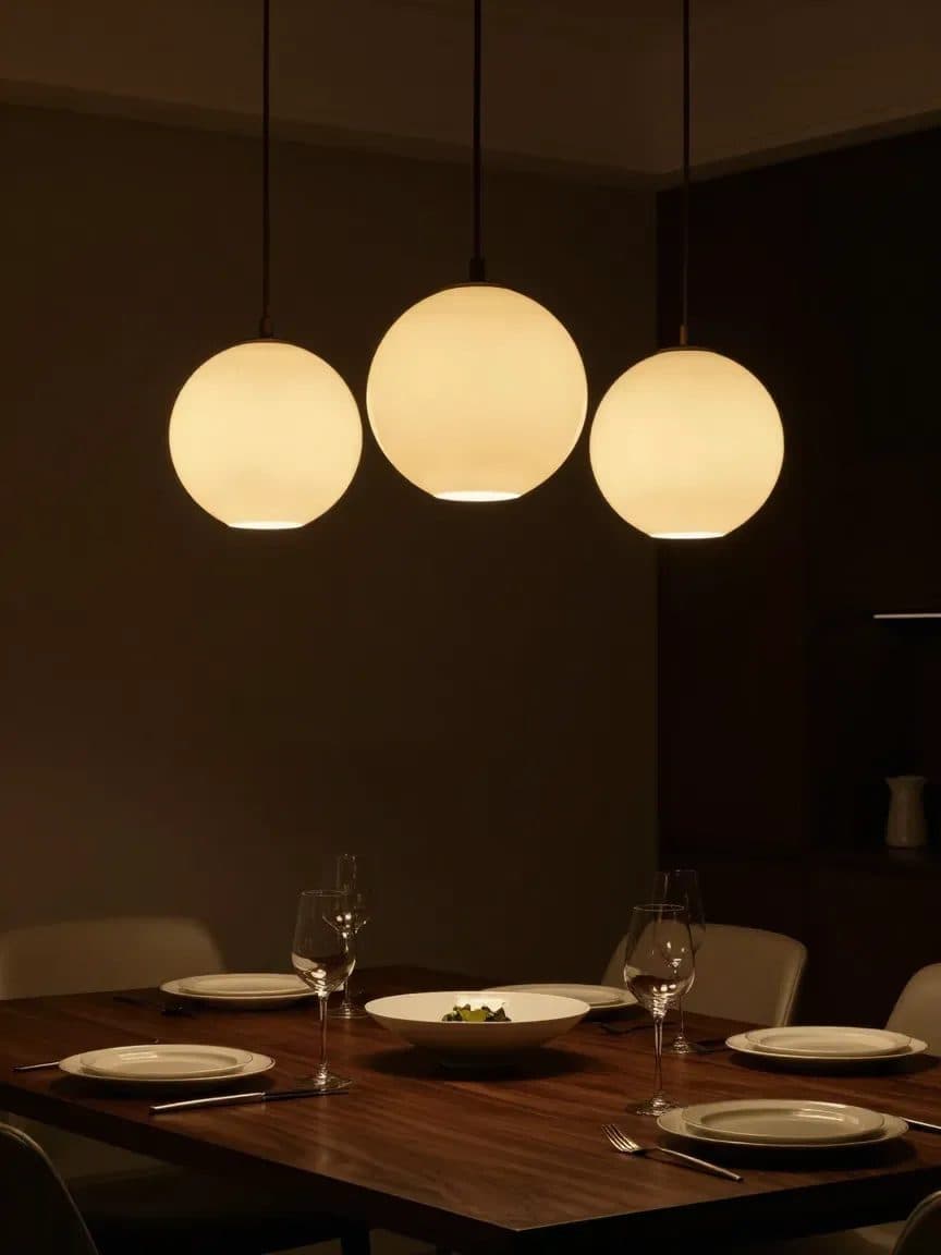Three opal globe pendants lit above a dining table