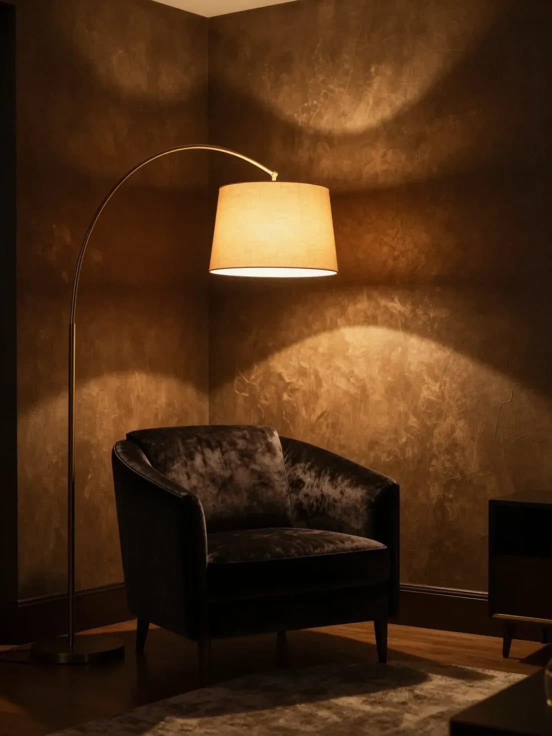 Arched brass floor lamp glowing beside a velvet armchair